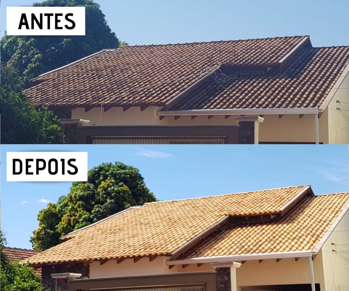 Antes e depois de telhado limpo com o Método Telhado Mágico — exemplo 2